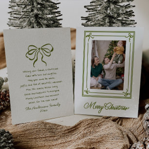 Tarjeta Festiva Lazos Verdes Elegantes Foto con Marco Navideño Est