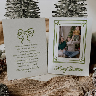 Tarjeta Festiva Lazos Verdes Elegantes Foto con Marco Navideño Est