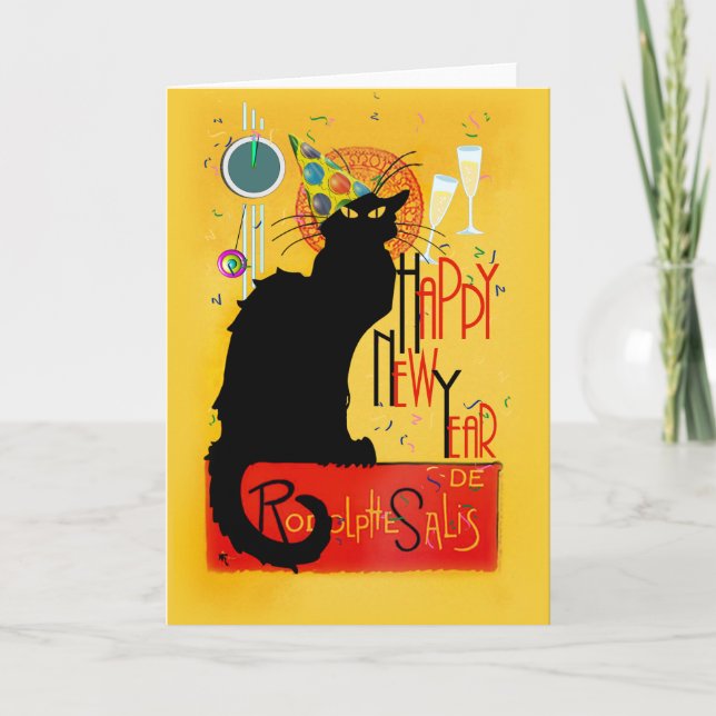 Tarjeta Festiva Le Chat Noir Feliz Año Nuevo Fiesta (Anverso)