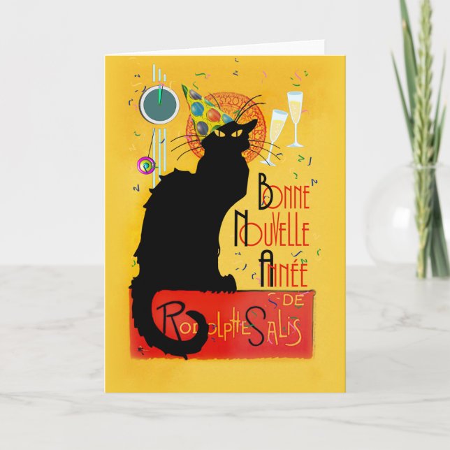Tarjeta Festiva Le Chat Noir Feliz Año Nuevo Fiesta (Anverso)