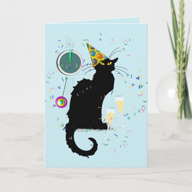Tarjeta Festiva Le Chat Noir Feliz Año Nuevo Fiesta (Anverso)