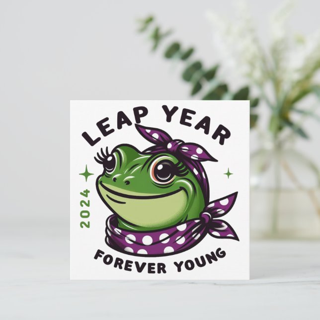 Tarjeta Festiva Leap Year 2024 Forever Young Frog (Anverso de pie)
