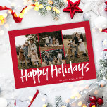 Tarjeta Festiva Lechado rojo moderno cinco fotos feliz<br><div class="desc">La tarjeta navideña Red Modern Lettering Five Photo Happy contiene cuatro fotos en la parte delantera y otra en la parte trasera con espacio para tu mensaje más largo.</div>