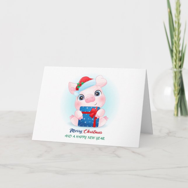 Tarjeta Festiva Lechón acuarela de Navidades con Santa Hat (Anverso)