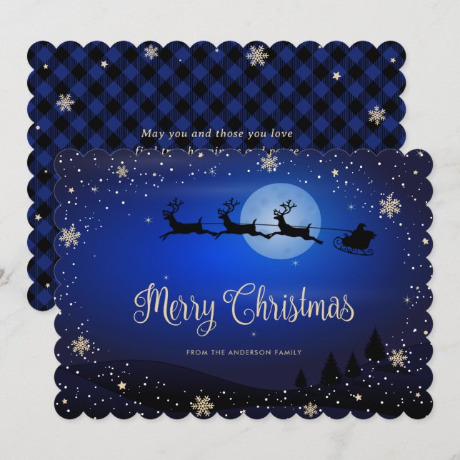 Tarjeta Festiva Lechuga de nieve azul Reindeo Santa Claus (Anverso / Reverso)