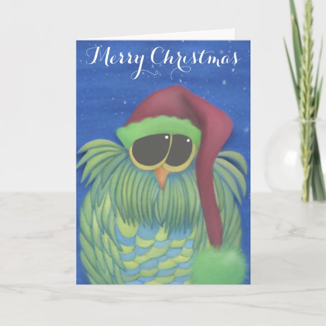 Tarjeta Festiva Lechuza Adorable con Santa Hat (Anverso)