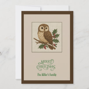 Tarjeta Festiva Lechuza de Navidades rústicos con hojas de Holly