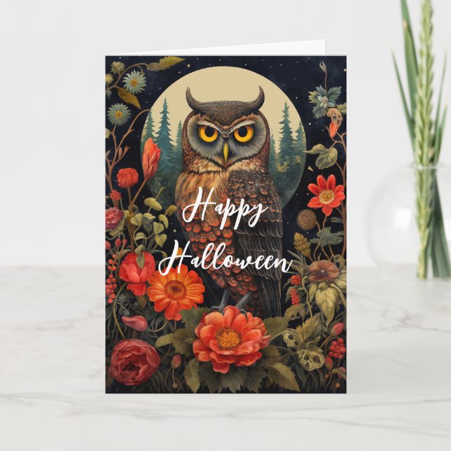 Tarjeta Festiva Lechuza de noche con una luna llena de Halloween (Anverso)