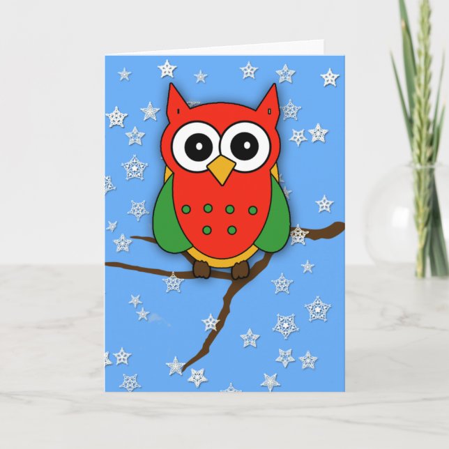 Tarjeta Festiva Lechuza Roja y Verde Adorable para Navidades (Anverso)