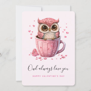 Tarjeta Festiva Lechuza rosada en un El día de San Valentín de la 