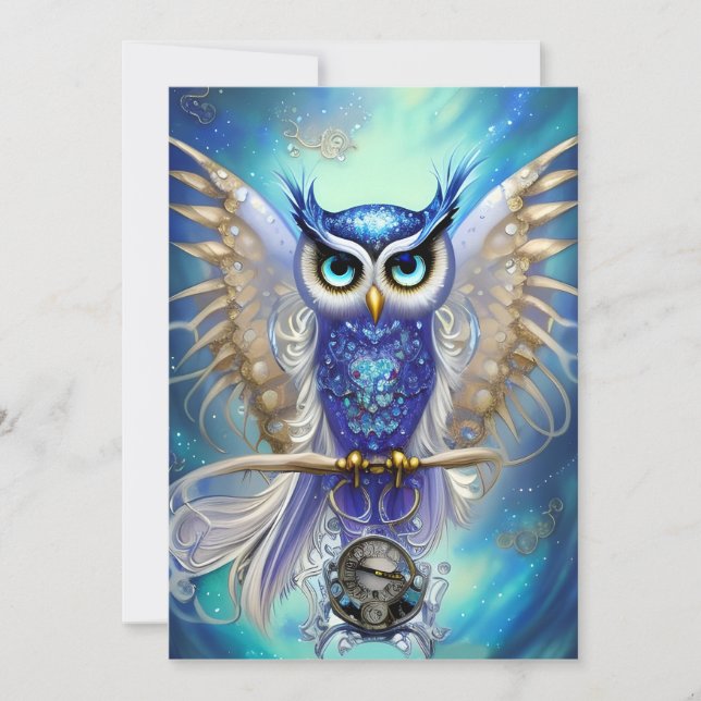 Tarjeta Festiva Lechuza Steampunk Azul (Anverso)