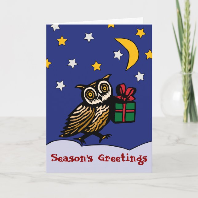 Tarjeta Festiva Lechuza Woodcut con un regalo de vacaciones de inv (Anverso)