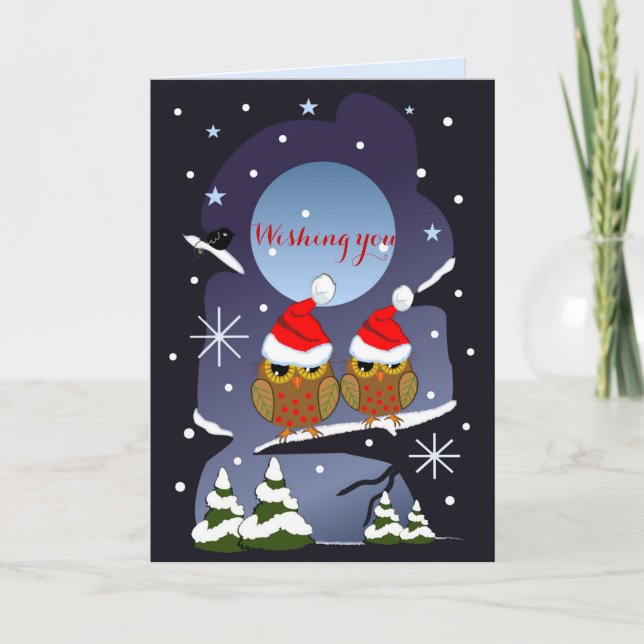 Tarjeta Festiva Lechuzas navidades en un mundo nevado (Anverso)