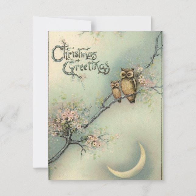Tarjeta Festiva Lechuzas navideñas vintage (Anverso)