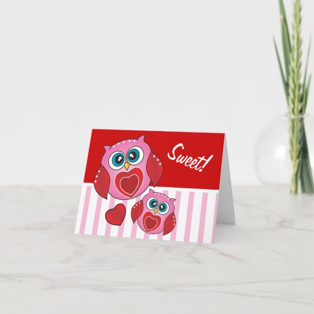 Tarjeta Festiva Lechuzas rosadas y rojas dulces - San Valentín (Anverso)