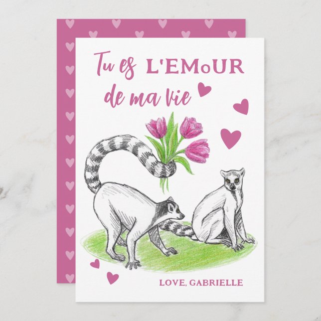 Tarjeta Festiva Lemur con tulipanes amor romántico curioso cita fr (Anverso / Reverso)