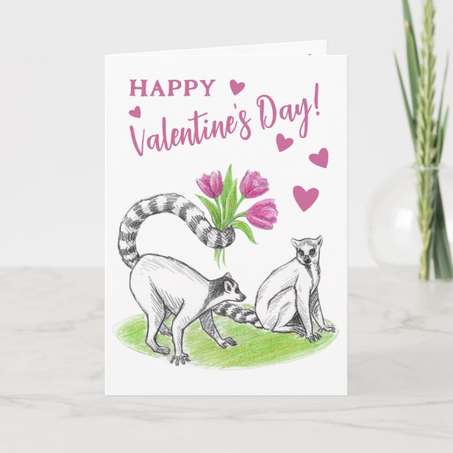 Tarjeta Festiva Lemur con tulipanes amor romántico divertido Valen (Anverso)