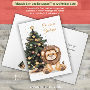 Tarjeta Festiva León adorable y arte de árbol decorado