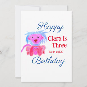 TARJETA FESTIVA LEÓN AZUL ROJO ANIMAL SALVAJE CUMPLEAÑOS TRES AGRE