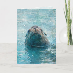 Tarjeta Festiva León Marino Adorable Mamífero Marino Manta para To