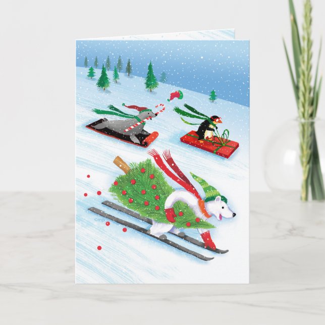 Tarjeta Festiva León marino Sledding de esquí del pingüino del oso (Anverso)