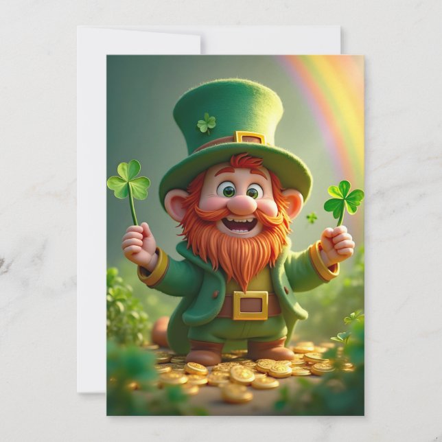 Tarjeta Festiva Leprechaun divertida con piedras de champú y moned (Anverso)