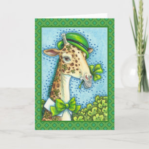 TARJETA FESTIVA LEPRECHAUN GIRAFFE, COLORIDO ST. EL DÍA DE PATRICK