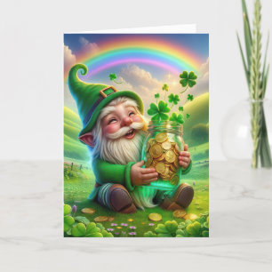 Tarjeta Festiva Leprechaun irlandés con monedas de oro