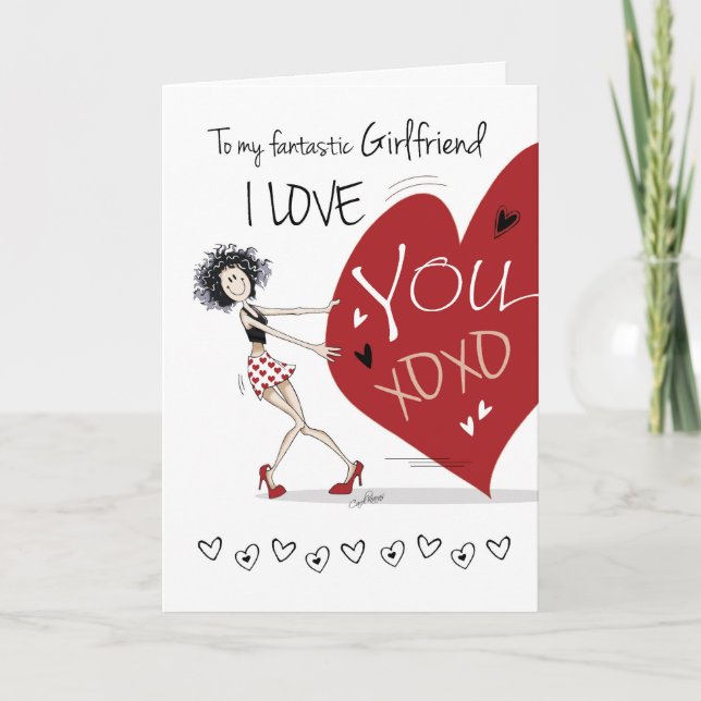 Tarjeta Festiva Lesbiana, Novia Valentine, Chica y corazón extrava (Anverso)