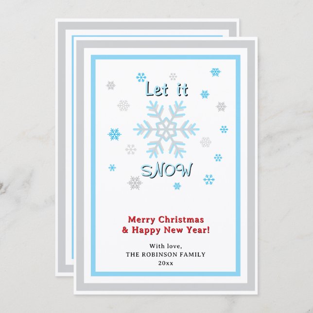 Tarjeta Festiva Let It Snow Gray Blue Snowflakes Red INSERT PHOTO (Anverso / Reverso)