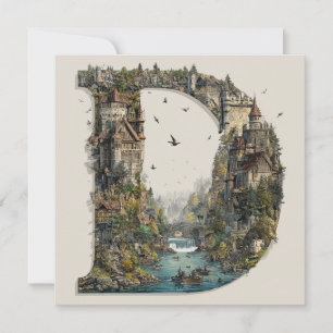 Tarjeta Festiva Letra D de fantasía con castillos en el cielo libr