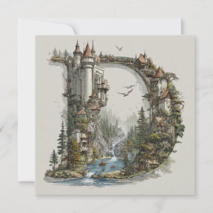 Tarjeta Festiva Letra D de fantasía con castillos en el cielo libr