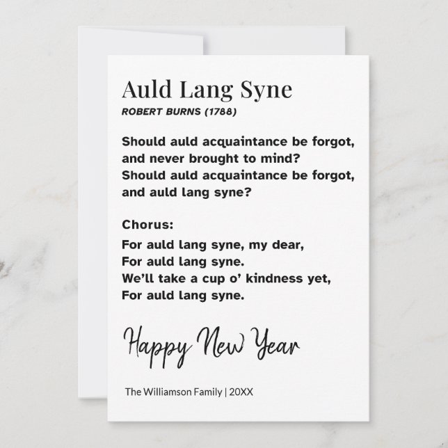 Tarjeta Festiva Letra de Auld Lang Syne para Año Nuevo Personaliza (Anverso)