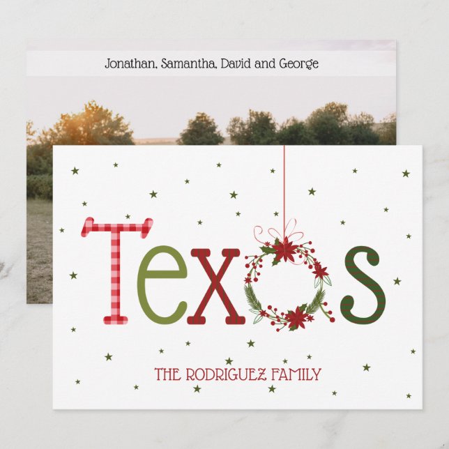 Tarjeta Festiva Letras con Estampado de Texas y Corona de Poinsett (Anverso / Reverso)