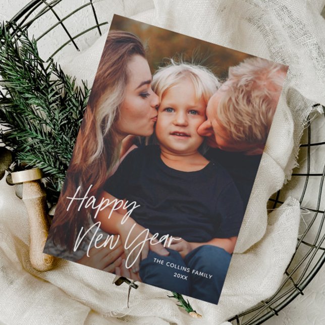 Tarjeta Festiva Letras de escritura moderna 2 foto Año nuevo (Simple Script 2 Photo New Years Holiday Cards.)