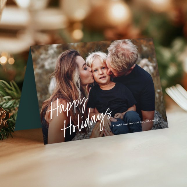Tarjeta Festiva Letras de escritura moderna 3 foto (Simple Handwritten Happy Holidays 3 Photo Holiday  Cards.)