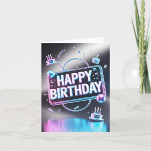 Tarjeta Festiva Letrero Neon 3D "Feliz Cumpleaños" Futurista