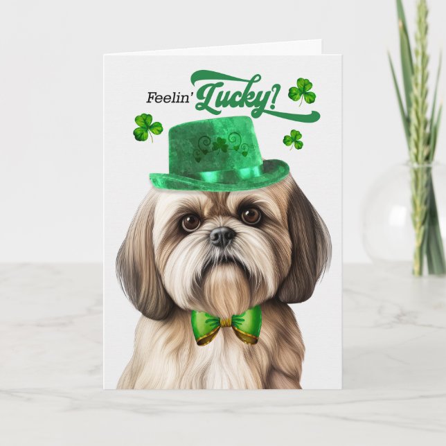 Tarjeta Festiva Lhasa Apso Dog Feelin' Lucky St Patrick's Day (Anverso)
