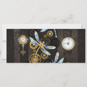 Tarjeta Festiva Libélulas Steampunk sobre fondo marrón rayado