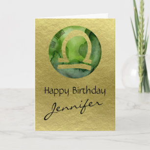 Tarjeta Festiva Libra de Rótulo verde zodiaco sobre fondo de oro