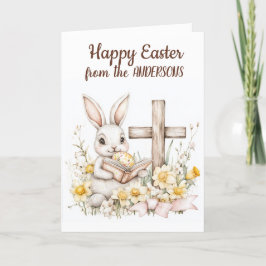 Tarjeta Festiva Libro y Cruz de Little Bunny Reading
