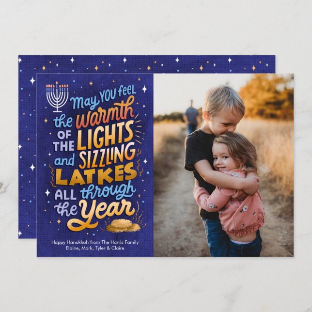 Tarjeta Festiva Light and Latkes One Photo Hanukkah (Anverso / Reverso)
