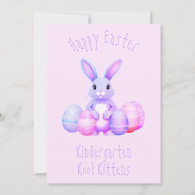 Tarjeta Festiva Lilac Bunny Y Pastel Easter Eggn Kindergarten (Anverso)