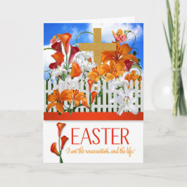 Tarjeta Festiva Lily Garden con cruces de oro Escritura de Pascua