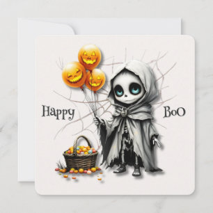 Tarjeta Festiva Linda chica esqueleto con globos de calabaza