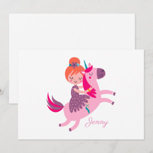 Tarjeta Festiva Linda niña pelirroja montando un unicornio