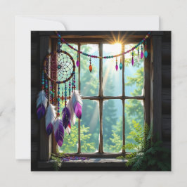 Tarjeta Festiva Lindo atrapasueños púrpura en la ventana