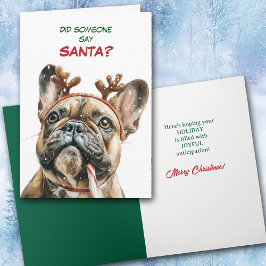 Tarjeta Festiva Lindo Bulldog Francés Reno Busca a Santa