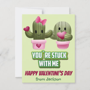 Tarjeta Festiva Lindo Cactus Rosa Verde Día de San Valentín Clase 