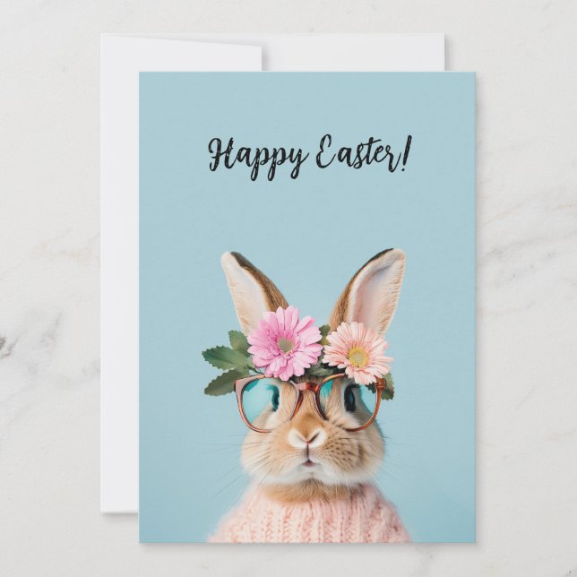 Tarjeta Festiva lindo conejo hermoso con flores y gafas  (Anverso)